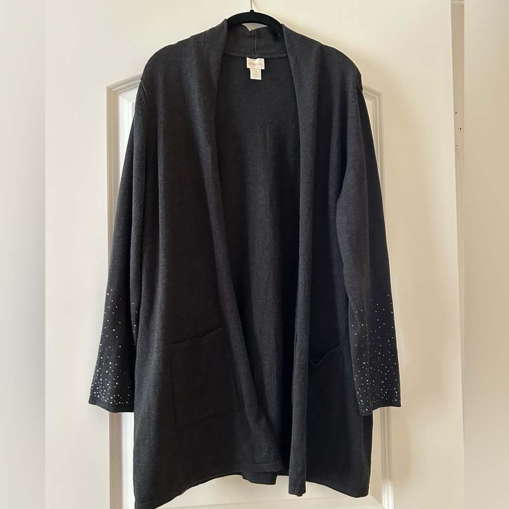 Chico's Black Cotton mix Sweater Open Front Long Cardigan Studded Sleeves Sz 3